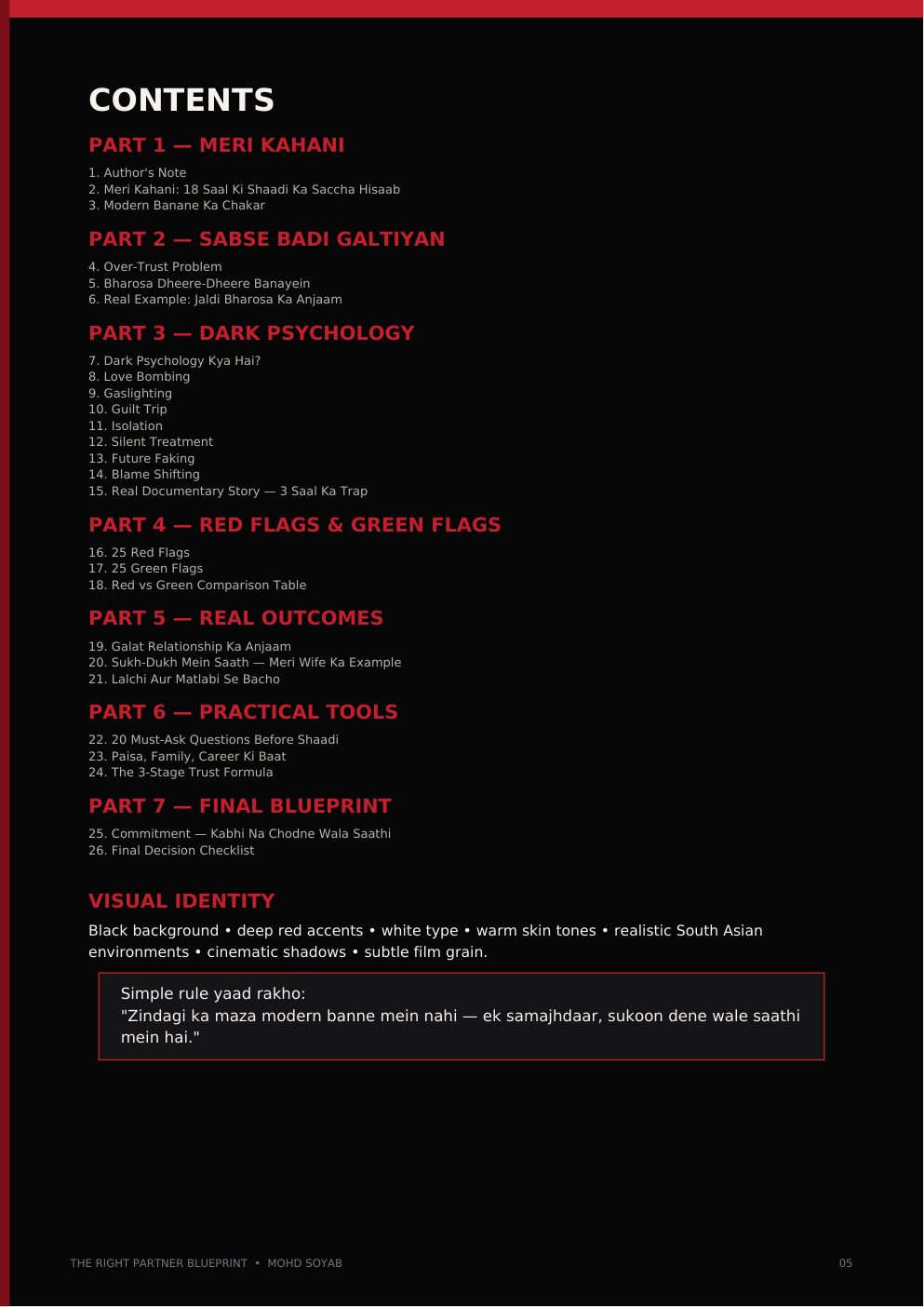 Contents — 7 Parts, 26 Chapters — actual book page 5