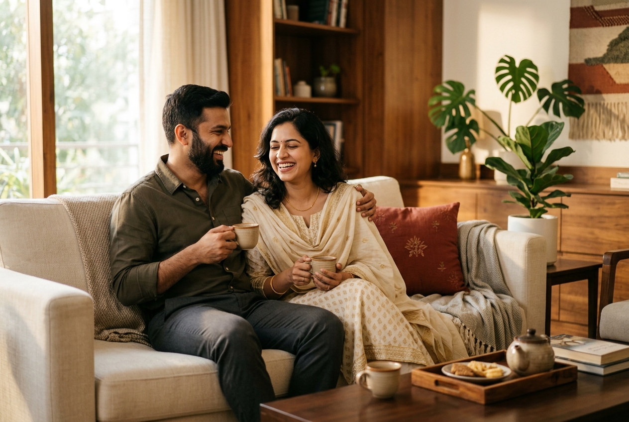 A happily married couple sharing a calm moment at home